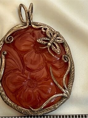 Signed Carved Carnelian Flower Pendant Sterling Silver Butterfly Frame 2 1/2"